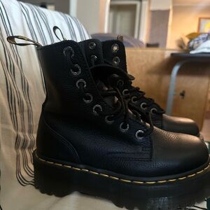 Dr. Martens Black Platform Lace-Up Boots with Yellow Stitching